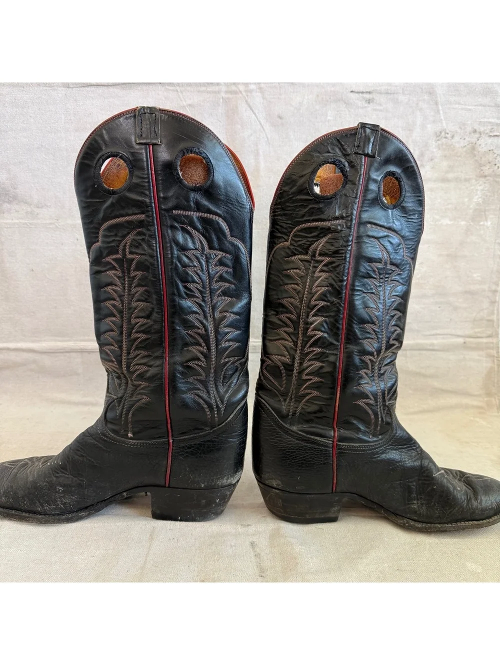 Vintage Tony Lama Black Leather Round Toe with Red Contrast Stitch Men Size 11